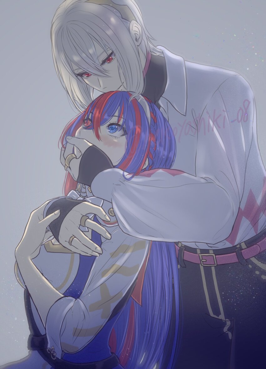1boy 1girl blue_eyes blue_hair braid crossed_bangs crown_braid female_alear_(fire_emblem) fire_emblem fire_emblem_engage hetero heterochromia highres long_hair multicolored_hair nekoyashiki_08 nintendo rafal_(fire_emblem) red_eyes red_hair split-color_hair tiara two-tone_hair white_hair
