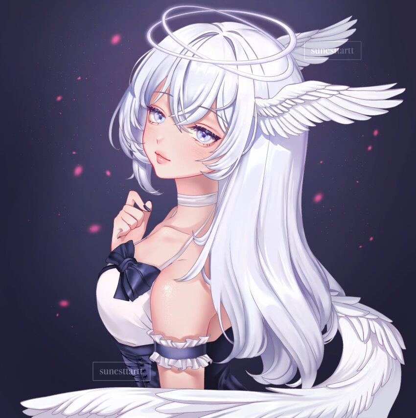 1girl aegyo_sal bare_shoulders black_background black_bow black_bowtie black_corset black_nails blush bow bowtie camisole choker closed_mouth collarbone commentary commission corset crossed_bangs double-parted_bangs double_halo english_commentary feathered_wings frills from_above from_behind hair_between_eyes halo hand_up head_wings highres lips long_hair looking_at_viewer nail_polish player_character_(roblox) roblox royale_high simple_background smile solo spaghetti_strap straight_hair suna_(sunesttartt) tsurime twitter_username watermark white_camisole white_choker white_eyes white_hair white_halo white_wings wings
