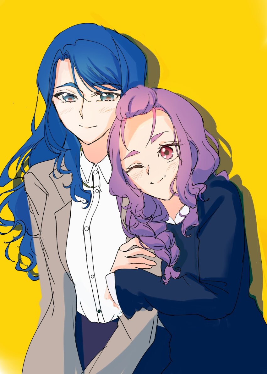 2girls blue_eyes blue_hair braid brown_jacket collared_shirt cure343_55 highres holding_another&#039;s_arm jacket kibou_no_chikara_otona_precure_&#039;23 long_hair mimino_kurumi minazuki_karen multiple_girls precure purple_eyes purple_hair shirt single_braid smile white_shirt yellow_background yuri