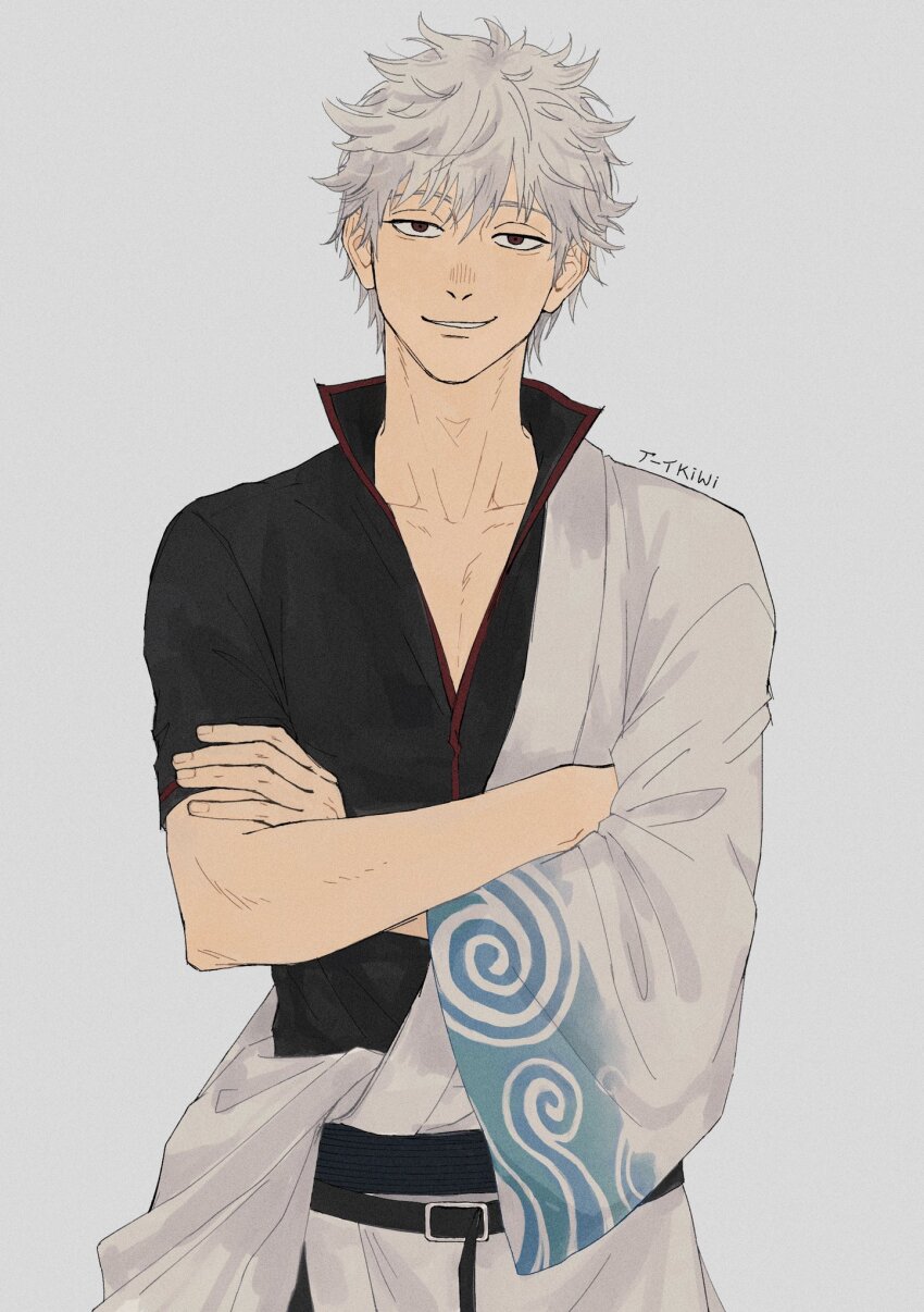 1boy cowboy_shot crossed_arms gintama high_collar highres japanese_clothes kimono male_focus sakata_gintoki short_hair short_sleeves simple_background smile solo thesameeyekiwi white_background white_hair white_kimono wide_sleeves