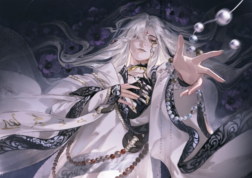 1boy beads chinese_clothes closed_mouth cracked_skin crying crying_with_eyes_open curtained_hair facial_mark floating_clothes flower hair_between_eyes hair_over_one_eye hair_spread_out hand_on_own_chest hanfu highres huadian jinguang_budaixi long_sleeves looking_at_viewer lying male_focus moranhuishouquandoushigou on_back outstretched_arm parted_bangs prayer_beads purple_flower qiao_rulai reaching reaching_towards_viewer solo streaming_tears tears upper_body white_hair white_hanfu white_sleeves wide_sleeves yellow_eyes