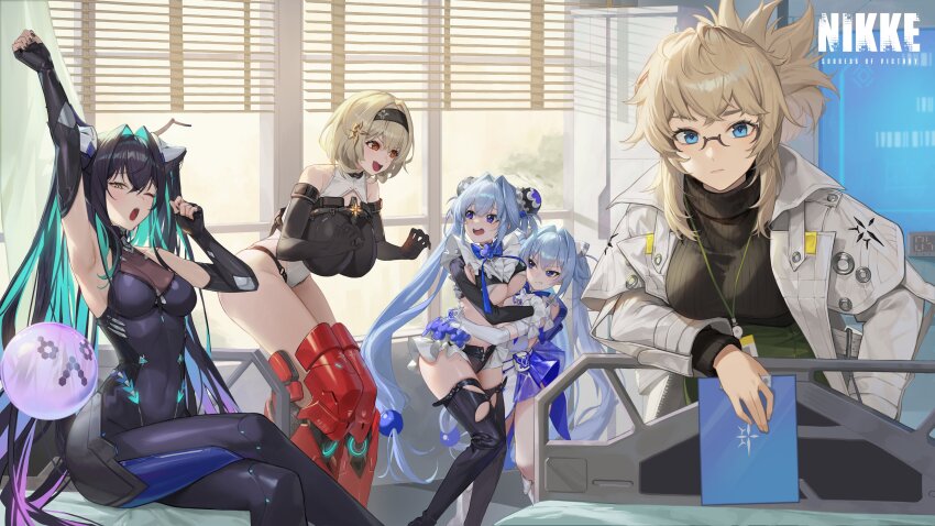 5girls abe_(nikke) absurdres arm_up armored_boots armpits black_hair blonde_hair blue_eyes blue_hair bodysuit boots breasts closed_eyes coat colored_inner_hair commentary_request copyright_name covered_navel day f.k_(hs225kr) full_body glasses goddess_of_victory:_nikke gretel_(nikke) hansel_(nikke) headband highleg highres hug id_card large_breasts leotard little_mermaid_(nikke) looking_at_viewer multicolored_hair multiple_girls old_tales_(nikke) open_clothes open_coat open_mouth red_shoes_(nikke) siblings sitting sweater tablet_pc thighhighs turtleneck turtleneck_sweater twins twintails white_leotard window yawning
