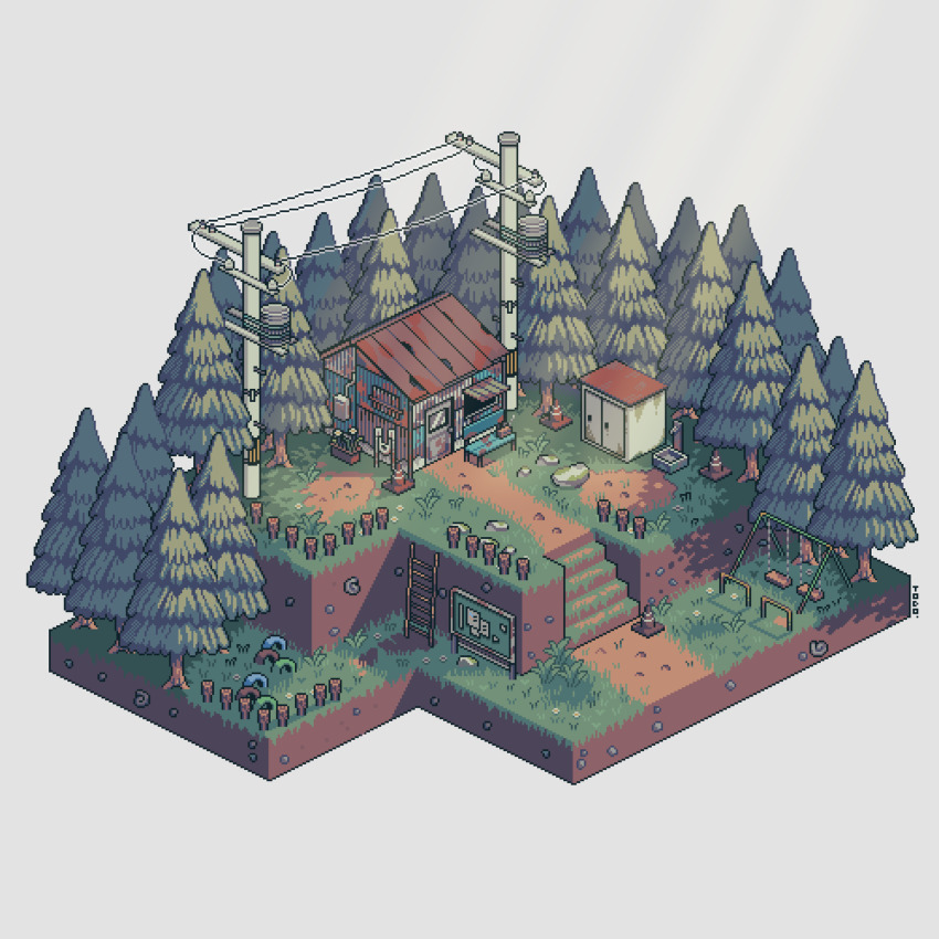 artist_name bench building bulletin_board diorama fence grass grey_background highres isometric ladder no_humans original outdoors pine_tree pixel_art power_lines rock shack shed simple_background swing_set todochan transformer tree