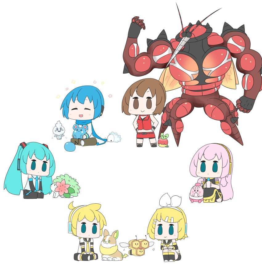 2boys 4girls absurdres animal antennae applin aqua_eyes aqua_hair aqua_necktie arm_warmers azurill bare_shoulders bee black_collar black_legwear black_shorts black_skirt black_sleeves blonde_hair blue_hair blue_scarf boots bow bow_hairband brown_eyes brown_hair brown_pants bug buzzwole chibi closed_eyes coat collar color_connection combee commentary crossover detached_sleeves egg flower food gen_3_pokemon gen_4_pokemon gen_5_pokemon gen_7_pokemon gen_8_pokemon grey_shirt hair_bow hair_ornament hairband hairclip hands_on_own_hips happiny hatsune_miku hatsune_negame headphones highres holding holding_egg honeycomb_(pattern) ice_cream insect jacket kagamine_len kagamine_rin kaito_(vocaloid) knee_boots leg_warmers legendary_pokemon long_hair megurine_luka meiko_(vocaloid) midriff miniskirt multiple_boys multiple_girls muscular mythical_pokemon neckerchief necktie nintendo pants pink_hair pleated_skirt pokemon pokemon_(creature) ponytail red_jacket red_skirt sailor_collar scarf school_uniform shaymin shaymin_(land) shirt short_hair short_ponytail short_sleeves shorts side_slit simple_background skirt sleeveless sleeveless_shirt smile snom solid_oval_eyes spiked_hair standing swept_bangs trait_connection twintails ultra_beast vanillite very_long_hair vocaloid white_background white_bow white_coat white_shirt yamper yellow_neckerchief yellow_necktie