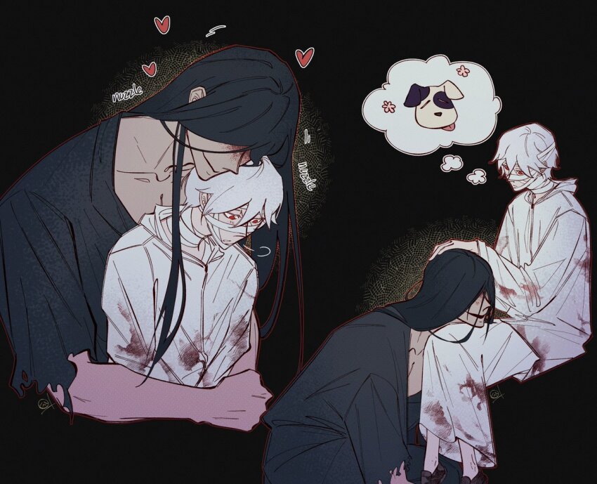 1boy 1other bandaged_hand bandages black_hair black_shirt blood blood_on_clothes blood_on_face blood_stain cloak collarbone dog doodle_inset full_body grin hair_over_eyes hand_on_another&#039;s_head head_down headpat heart heroine_(homicipher) homicipher hug hug_from_behind invisible_chair lap_pillow leaning_on_person long_hair motion_lines mr._crawling multiple_views open_mouth oversized_clothes red_eyes sadlad03 shirt short_hair sitting smile speech_bubble thought_bubble torn_clothes upper_body white_cloak white_hair