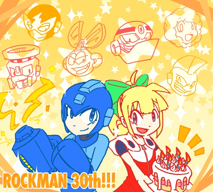 1girl 6+boys anniversary arm_cannon blonde_hair blue_eyes bow cake candle capcom copyright_name cut_man elec_man fire_man food fringe_trim guts_man hair_bow hair_ornament helmet high_ponytail highres holding hood hoodie ice_man long_hair mega_man_(character) mega_man_(classic) mega_man_(series) multiple_boys open_mouth ponytail rockman_(game) roll_(mega_man) sidelocks smile star_(symbol) text_focus weapon