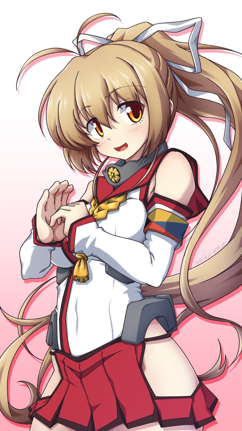 1girl 547th_sy antenna_hair blush cosplay dated detached_sleeves gradient_background hair_between_eyes hair_ribbon highres hip_vent kantai_collection katia_waldheim light_brown_hair long_hair muv-luv muv-luv_alternative no_panties open_mouth pleated_skirt red_skirt ribbon rope_around_neck schwarzesmarken simple_background skirt solo textless_version twitter_username very_long_hair yamato_(kancolle) yamato_(kancolle)_(cosplay) yellow_eyes