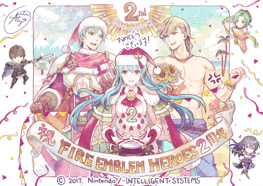 3boys 3girls anniversary aqua_hair armor asatani_tomoyo ayra_(fire_emblem) berkut_(fire_emblem) black_armor black_eyes black_hair blue_eyes box bracelet brother_and_sister brown_eyes cake cape chibi cloud company_name copyright_name eirika_(fire_emblem) eirika_(winter)_(fire_emblem) elincia_ridell_crimea ephraim_(fire_emblem) ephraim_(winter)_(fire_emblem) fire_emblem fire_emblem:_genealogy_of_the_holy_war fire_emblem:_path_of_radiance fire_emblem:_the_sacred_stones fire_emblem_echoes:_shadows_of_valentia fire_emblem_heroes flower food fruit fur_trim gift gift_box gloves green_hair hair_ornament hand_fan hat hibiscus holding holding_plate holding_sword holding_weapon innes_(fire_emblem) japanese_clothes jewelry kimono long_hair mountain multiple_boys multiple_girls nintendo official_art open_mouth palm_tree paper_fan plate polearm pom_pom_(clothes) red_gloves red_hat santa_costume santa_hat short_hair siblings signature snowflakes strawberry sunflower sword topless_male tree weapon