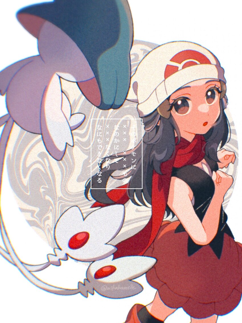 1girl :o azelf beanie black_eyes black_hair black_shirt breasts clenched_hand commentary_request dawn_(pokemon) floating gen_4_pokemon hair_ornament hairclip hand_up hat highres legendary_pokemon long_hair mikakami1e nintendo open_mouth pink_skirt pokemon pokemon_(creature) pokemon_dppt red_scarf scarf shirt skirt sleeveless sleeveless_shirt small_breasts translation_request white_hat