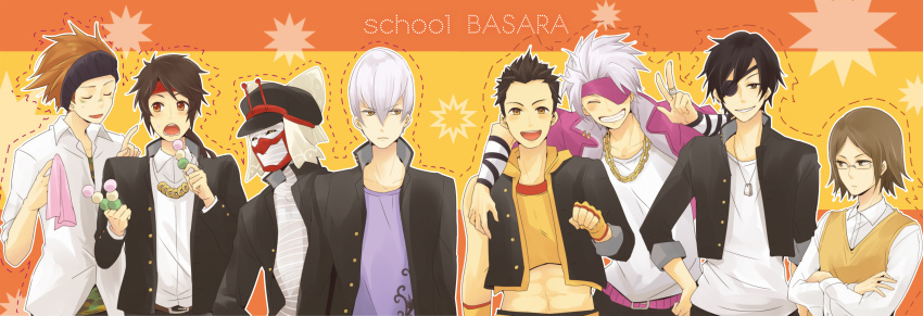 6+boys :d :o ^_^ arm_around_shoulder black_hair black_hat black_headband black_jacket black_sclera brown_eyes brown_hair chain chain_necklace chousokabe_motochika_(sengoku_basara) closed_eyes collared_shirt colored_sclera copyright_name cropped_jacket cropped_shirt dango date_masamune_(sengoku_basara) dog_tags dotted_line eringi_oishii eyepatch food frown gakuen_basara gakuran glasses grin hair_between_eyes hat headband highres ishida_mitsunari_(sengoku_basara) jacket jewelry looking_at_another looking_at_viewer male_focus midriff mouri_motonari_(sengoku_basara) multiple_boys necklace ootani_yoshitsugu_(sengoku_basara) open_mouth purple_shirt red_eyes red_headband sanada_yukimura_(sengoku_basara) sanshoku_dango sarutobi_sasuke_(sengoku_basara) school_uniform sengoku_basara shirt short_hair smile tokugawa_ieyasu_(sengoku_basara) v wagashi white_hair white_shirt yellow_eyes yellow_shirt