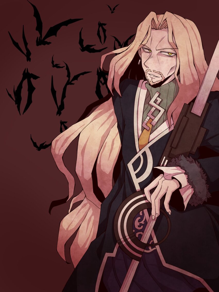 1boy bags_under_eyes bat_(animal) black_coat blonde_hair brown_background coat commentary_request cowboy_shot facial_hair fate/apocrypha fate_(series) fingernails fur-trimmed_sleeves fur_trim goatee green_sweater highres holding kuri_dora long_hair looking_at_viewer male_focus parted_bangs parted_lips slit_pupils solo sweater turtleneck turtleneck_sweater very_long_hair vlad_iii_(fate/apocrypha) yellow_eyes
