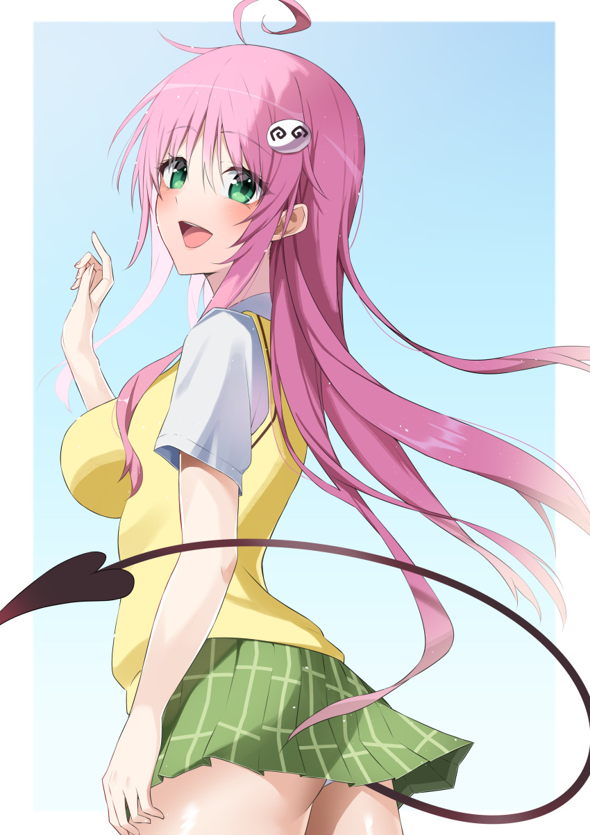 1girl :d absurdres ahoge blush checkered_clothes checkered_skirt demon_girl demon_tail green_eyes green_skirt heart heart_tail highres lala_satalin_deviluke long_hair looking_at_viewer miniskirt open_mouth panties panty_peek peke_(to_love-ru) pink_hair sainan_high_school_uniform school_uniform shirt short_sleeves skirt slope_(check238) smile tail to_love-ru underwear white_panties white_shirt