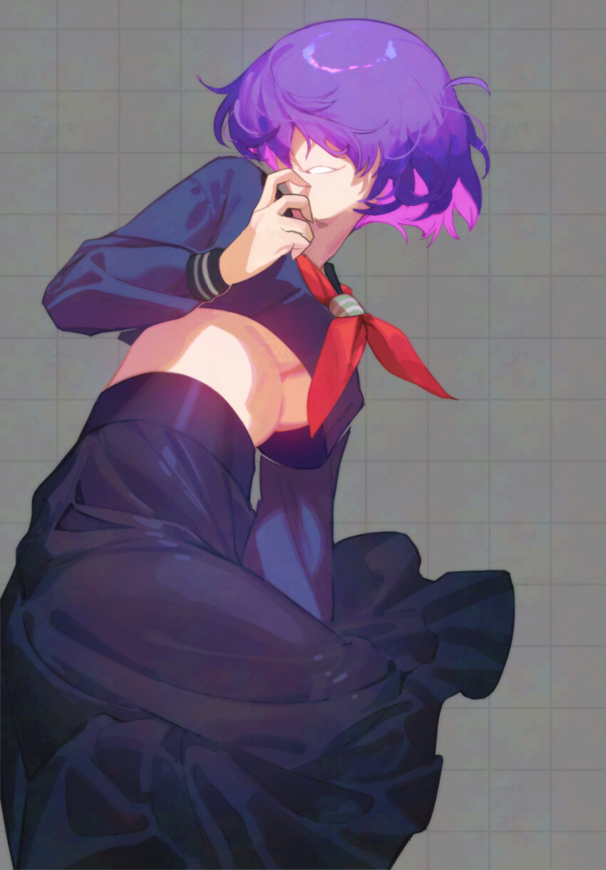 1girl breasts colored_inner_hair crop_top crop_top_overhang facing_viewer feet_out_of_frame grey_background grid_background high-waist_skirt highres long_sleeves mara_(raneblu) medium_breasts midriff multicolored_hair neckerchief open_mouth original purple_hair purple_shirt purple_skirt raneblu red_neckerchief school_uniform shirt short_hair simple_background skirt smile solo underboob