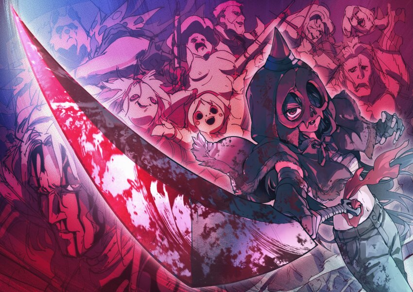 1girl absurdres bandage_over_one_eye belt black_hair blood buddy_(lisa) character_request denim hamburger_man._(sumi80) highres holding holding_sword holding_weapon horns jeans lisa_(series) lisa_the_joyful long_hair mask midriff pants poncho red_eyes sarashi scar single_horn skull_mask small_hips sword weapon