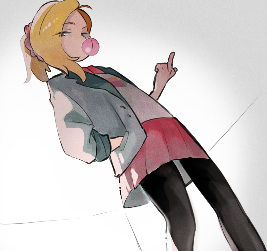 1girl amphibia asymmetrical_bangs blonde_hair blowing bubble chewing_gum dutch_angle from_below hair_ornament hair_scrunchie half-closed_eyes hand_in_pocket highres indoors jacket looking_at_viewer middle_finger pantyhose pink_skirt pleated_skirt ponytail samui522 sasha_waybright school_uniform scrunchie sjms_school_uniform skirt solo standing