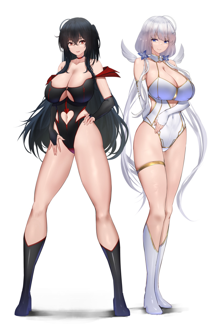 2girls absurdres ahoge alternate_costume angel_and_devil azur_lane black_footwear black_hair black_leotard black_vs_white blue_eyes blue_flower boots breasts bridal_gauntlets choker cleavage clothing_cutout commentary covered_navel detached_collar elbow_gloves english_commentary female_focus fingerless_gloves flower full_body gloves gold_thighlet gold_trim hair_flower hair_ornament hand_on_own_hip heart_cutout highres huge_breasts illustrious_(azur_lane) irkawaza leotard long_hair looking_at_viewer multiple_girls navel navel_cutout o-ring o-ring_leotard red_choker red_eyes red_trim second-party_source simple_background standing taihou_(azur_lane) underboob_cutout very_long_hair white_background white_footwear white_hair white_leotard wings wrestling_outfit