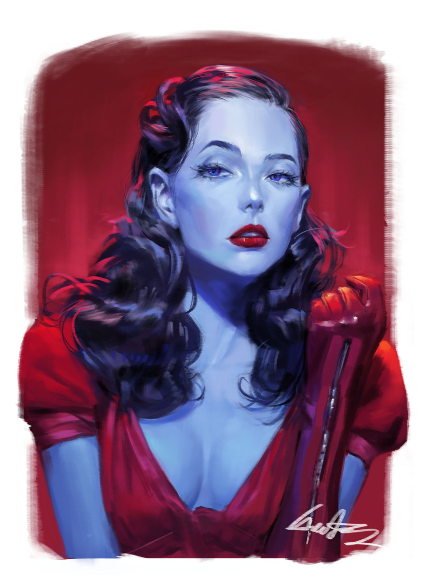 1girl babilusss black_hair blue_eyes blue_skin breasts cleavage colored_skin dress elbow_gloves eyelashes forehead gloves hair_pulled_back highres lips lipstick long_hair looking_at_viewer makeup medium_breasts nose original parted_lips puffy_short_sleeves puffy_sleeves purple_skin realistic red_dress red_gloves red_lips short_sleeves signature solo upper_body