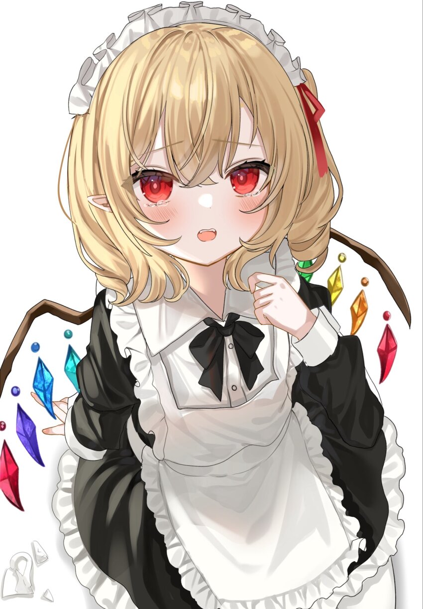 1girl alternate_costume apron black_bow black_bowtie blonde_hair blush bow bowtie broken_cup commentary_request crystal flandre_scarlet highres long_hair long_sleeves looking_at_viewer maid maid_apron maid_headdress okome2028 one_side_up open_mouth red_eyes side_ponytail solo tearing_up tears touhou wings