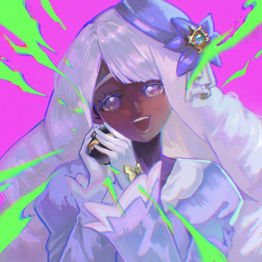 1girl :d bow commentary_request dark-skinned_female dark_skin eyelashes glove_bow gloves grey_hair hands_up hat head_tilt highres holding holding_poke_ball jacinthe_(pokemon) long_hair long_sleeves looking_at_viewer luxury_ball maumungnui nintendo open_mouth poke_ball pokemon pokemon_legends:_z-a purple_background smile solo teeth tilted_headwear upper_body upper_teeth_only white_gloves yellow_bow