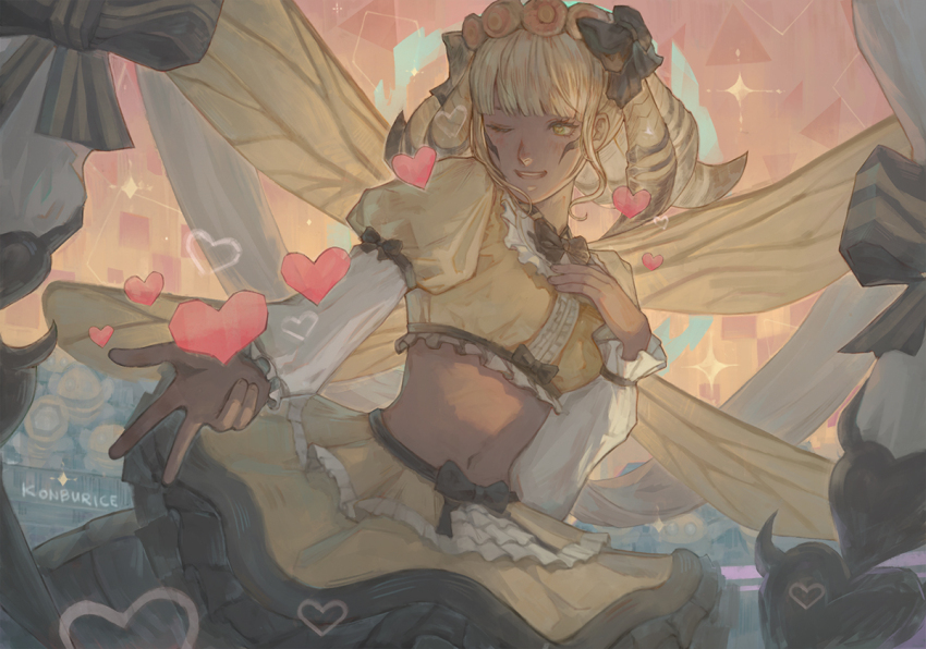 1girl ;d arthropod_girl bee_girl bee_wings black_bow black_bowtie blonde_hair bow bowtie crop_top facial_mark final_fantasy final_fantasy_xiv frilled_skirt frilled_sleeves frills green_eyes hair_bow hand_on_own_chest heart honey_b._lovely insect_girl insect_wings konburice medium_hair multicolored_hair navel one_eye_closed open_mouth shirt signature skirt smile solo two-tone_hair wings yellow_shirt yellow_skirt yellow_wings