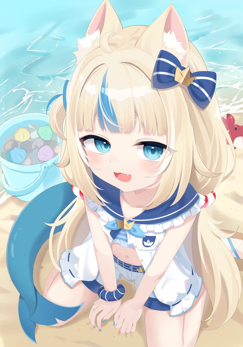 1girl absurdres animal_ears beach blonde_hair blue_bow blue_eyes blue_hair blue_scrunchie bow cat_ears dress fang fins fish_girl fish_tail hair_bow highres indie_virtual_youtuber kaniki_(sameko_saba) long_hair low_twintails multicolored_hair one_side_up open_mouth sameko_saba sand sand_bucket scrunchie seashell shell shorts sleeveless sleeveless_dress snmdx solo streaked_hair tail twintails very_long_hair virtual_youtuber water white_dress white_shorts