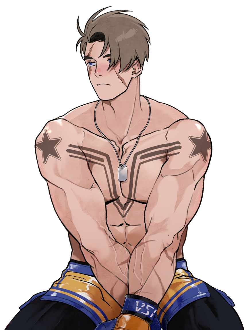 1boy abs blue_eyes brown_hair chest_tattoo closed_mouth collarbone dog_tags facial_scar fingerless_gloves frown gloves hair_over_one_eye hexermer highres looking_to_the_side luke_sullivan male_focus mma_gloves muscular muscular_male one_eye_covered pectorals scar scar_across_eye scar_on_cheek scar_on_face short_hair shorts shoulder_tattoo sideways_glance simple_background solo star_(symbol) street_fighter street_fighter_6 tattoo topless_male white_background
