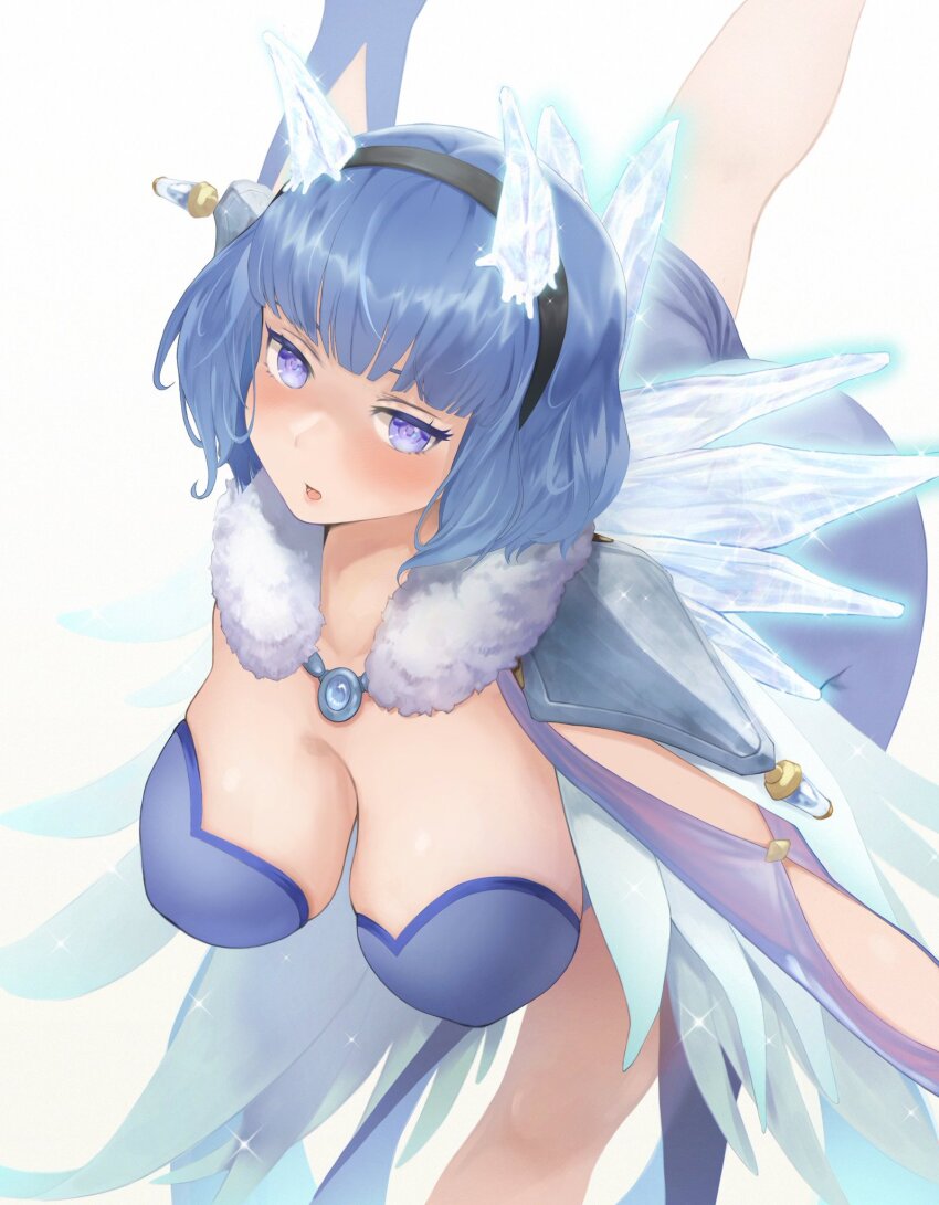 1girl blue_eyes blue_hair blush breasts cape dress fire_emblem fire_emblem_heroes hairband hanging_breasts highres ice large_breasts looking_at_viewer nifl_(fire_emblem) nintendo open_mouth short_dress short_hair solo wings yasopery
