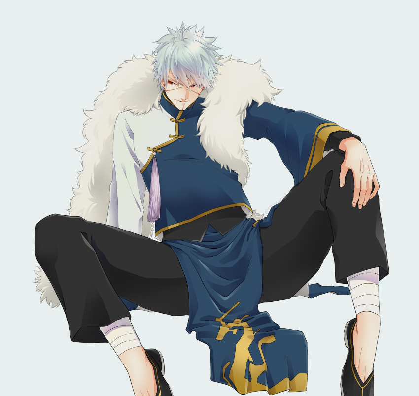 1boy absurdres black_footwear black_pants chinese_clothes flats fur_scarf grey_hair hand_on_own_knee highres kemu_(19002265km) male_focus naruto_(series) pants scar scar_on_face senju_tobirama short_hair simple_background sitting solo spread_legs white_background