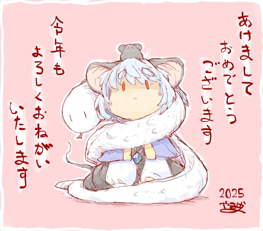 1girl 2025 :&lt; akeome animal animal_ear_fluff animal_ears animal_on_head blue_capelet blue_hair capelet chibi chibi_only crystal_necklace dress ears_down forked_tongue grey_dress grey_fur happy_new_year highres kotoyoro light_blue_hair light_frown long_sleeves looking_at_viewer mishaguji mouse_(animal) mouse_ears mouse_girl mouse_tail nazrin new_year on_head pink_background puffy_long_sleeves puffy_sleeves raised_inner_eyebrows red_eyes scales shaded_face short_hair signature simple_background sitting snake snake_wrapped_around_body swept_bangs tail tongue tongue_out touhou translation_request wariza white_sleeves worried yamasina009 |_|