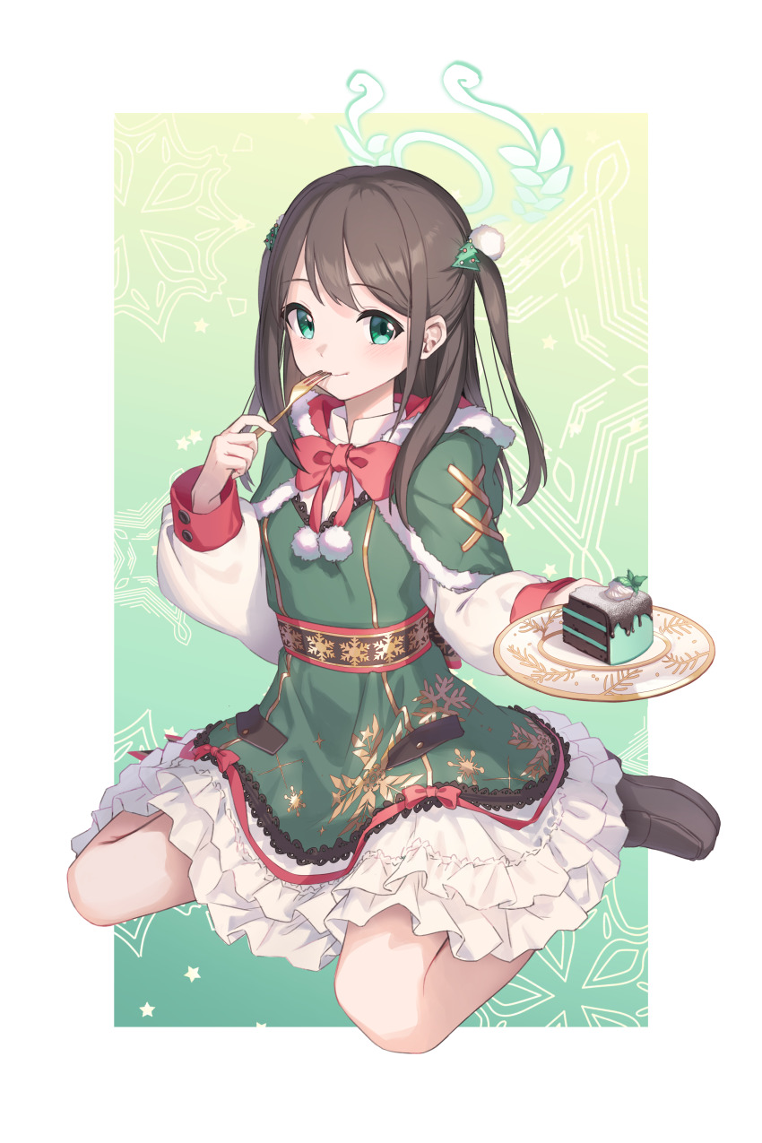 1girl absurdres airi_(blue_archive) alternate_costume alternate_hairstyle blue_archive blush bow bowtie brown_hair cake cake_slice capelet christmas christmas_tree_hair_ornament closed_mouth commentary dress english_commentary food fork frilled_dress frills full_body fur-trimmed_capelet fur_trim green_background green_capelet green_dress green_eyes green_halo hair_ornament halo hands_up highres hj_penguin holding holding_fork holding_plate long_hair long_sleeves looking_at_viewer petticoat plate pom_pom_(clothes) pom_pom_hair_ornament puffy_long_sleeves puffy_sleeves red_bow red_bowtie sidelocks simple_background sitting sleeveless sleeveless_dress smile solo straight_hair swept_bangs tareme two-tone_background two_side_up wariza white_background