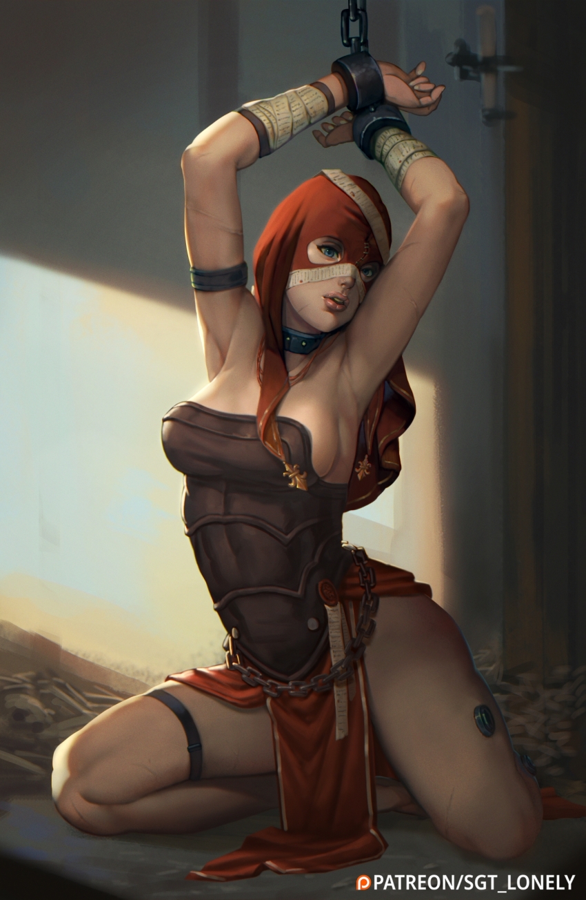 1girl adepta_sororitas barefoot blue_eyes breasts chain chained cleavage cuffs handcuffs highres hood medium_breasts paid_reward_available pelvic_curtain pinup_(style) purity_seal red_hood sgt_lonely sister_repentia slave solo thigh_strap warhammer_40k