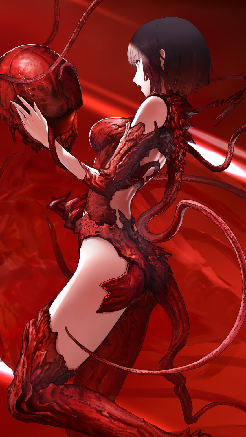 1girl absurdres benisuzume_(gauna) bob_cut breasts brown_hair feet_out_of_frame flesh from_side gauna gauna_491 highres medium_breasts monster_girl nil open_mouth placenta_(sidonia_no_kishi) profile red_background red_eyes red_theme short_hair sidonia_no_kishi solo tail teeth tentacles upper_teeth_only