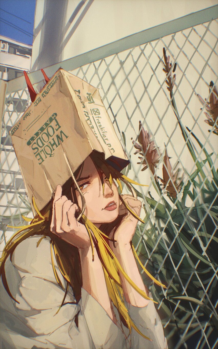1girl bag blonde_hair blue_sky building chain-link_fence chainsaw_man day demon_girl demon_horns fence freakifier grey_shirt highres horns long_hair looking_at_viewer outdoors paper_bag parted_lips power_(chainsaw_man) red_horns shirt sky solo whole_foods yellow_eyes