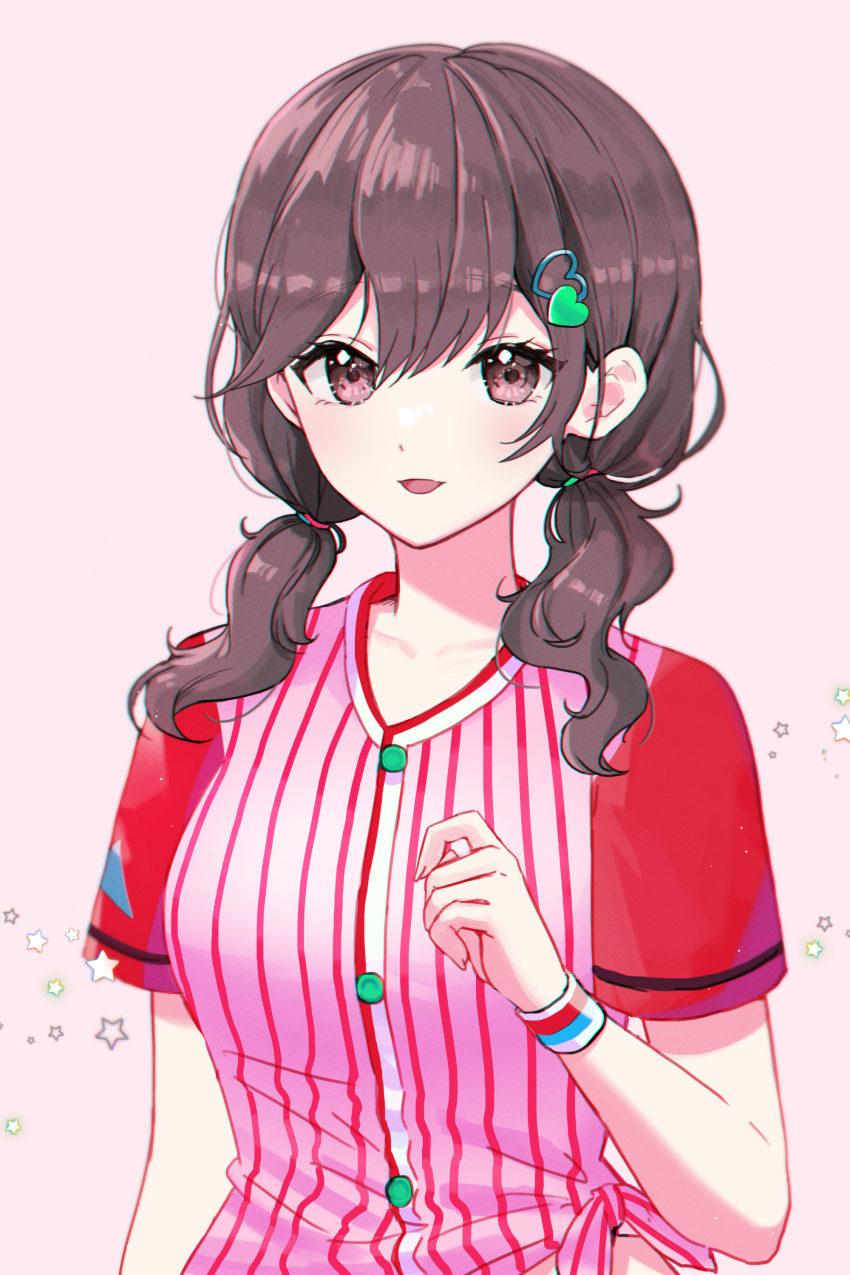1girl 25-ji_nightcord_de._(project_sekai) :d absurdres ash_(cat7evy) breasts brown_eyes brown_hair collarbone hair_between_eyes hair_ornament hairclip hand_up highres long_hair looking_at_viewer low_twintails medium_breasts open_mouth pink_background project_sekai shinonome_ena shirt short_sleeves simple_background smile solo striped_clothes striped_shirt twintails upper_body wristband