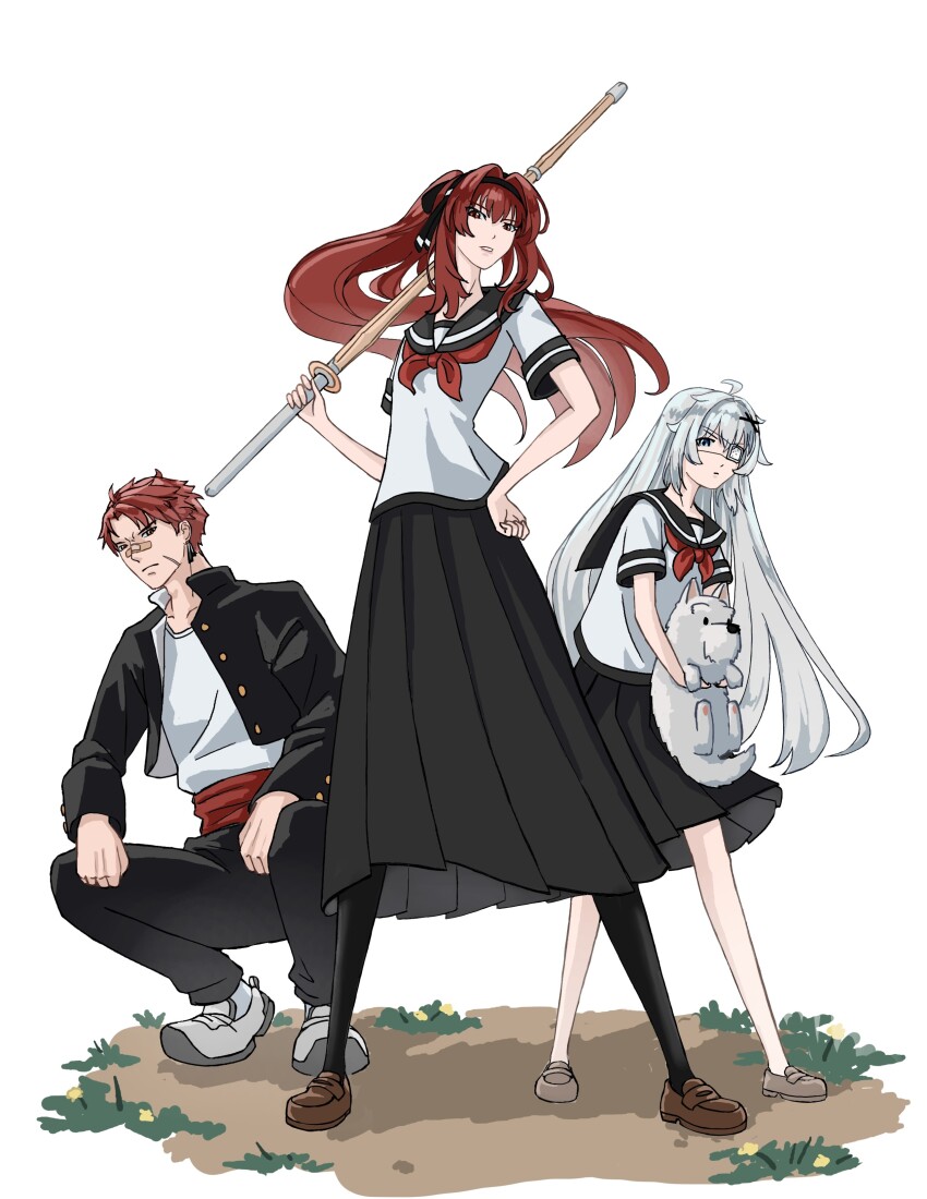1boy 2girls absurdres ahoge alternate_costume bandaid bandaid_on_face bandaid_on_nose black_hairband black_jacket black_pants black_pantyhose black_sailor_collar black_skirt commentary_request delinquent dog earrings eyepatch facial_scar grey_eyes grey_hair hair_intakes hair_ornament hairband highres jacket jewelry long_sleeves medical_eyepatch multiple_girls neckerchief no._21_(pgr) noctis_(pgr) open_clothes open_jacket pants pantyhose pleated_skirt ponytail punishing:_gray_raven red_eyes red_hair red_neckerchief sailor_collar scar scar_on_cheek scar_on_face school_uniform serafuku shirt short_hair short_sleeves sidelocks skirt sukeban trashpanda_11b vera_(pgr) white_background white_shirt x_hair_ornament