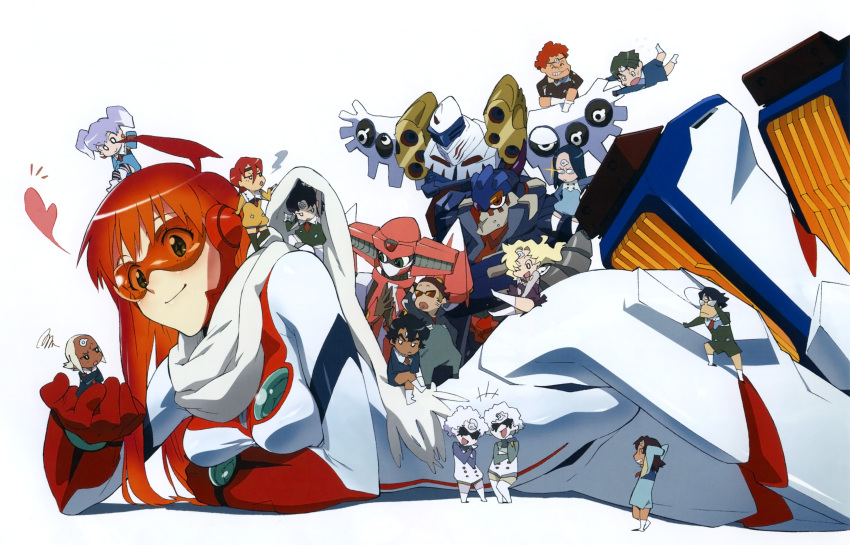 +_+ 00s 6+boys 6+girls :d absurdres ahoge black_hair bodysuit boots breast_hold breast_press breasts brown_hair buster_machine_7 casio_takashirou chibi chiko cigarette circlet citrone_rimone cross-shaped_pupils crossed_legs dark_skin dix-neuf earrings everyone facial_mark flipped_hair forehead_mark gem glasses glint gloves goggles gouya_reicy green_hair grin gurka_kuksis hair_between_eyes heart highres holding jewelry kartoffel_patata lal&#039;c_mellk_mal laughing legs_up light_purple_hair long_hair looking_at_another lying mask mecha multicolored_hair multiple_boys multiple_girls nichola_vacheron nono_(top_wo_nerae_2!) nyan_nok_cham on_side open_mouth orange_hair outstretched_arms pacica_peska_pelcicum quatre-vingt-dix red_hair robot roy_anyan ruu_soon scan scarf serpentine_shimai_(ane) serpentine_shimai_(imouto) siblings sideburns simple_background sisters sitting size_difference smile smoking spoken_heart spread_arms squiggle sunglasses super_robot symbol-shaped_pupils thighhighs top_wo_nerae!_(series) top_wo_nerae_2! twins two-tone_hair tycho_science vingt-sept wavy_hair white_background white_hair