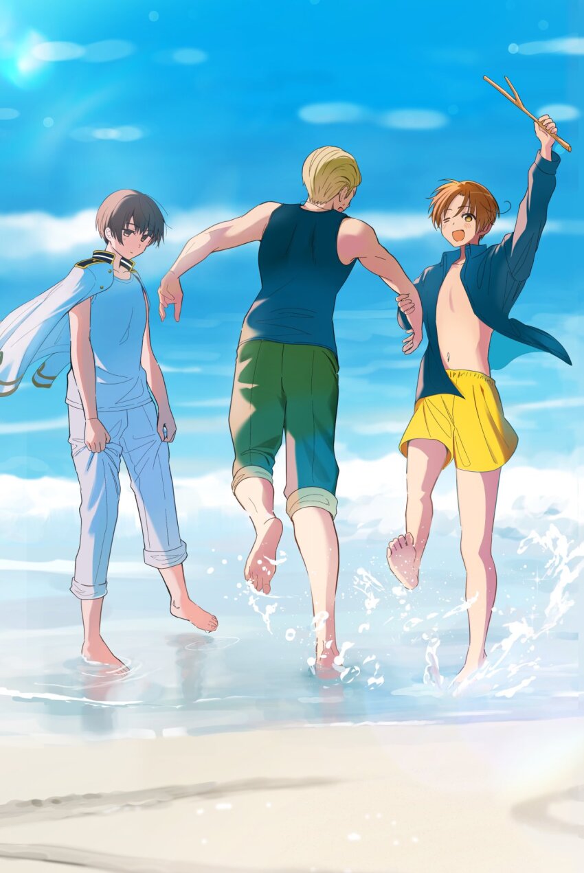 3boys ahoge arm_up axis_powers_hetalia back bare_shoulders barefoot beach black_eyes black_hair black_tank_top blonde_hair blue_shirt blue_sky blurry blurry_background brown_hair closed_mouth cloud cloudy_sky collarbone collared_shirt commentary_request day floating_clothes full_body germany_(hetalia) green_pants hair_between_eyes highres holding holding_stick jacket japan_(hetalia) leg_up long_sleeves looking_at_another looking_at_viewer male_focus military_jacket military_uniform multiple_boys navel northern_italy_(hetalia) ocean one_eye_closed open_clothes open_jacket open_mouth open_shirt outdoors pants reflection reflective_water shirt short_hair shorts sky smile standing standing_on_one_leg stick summer sweatdrop tank_top white_jacket white_pants white_tank_top yellow_eyes yellow_shorts yukinununu