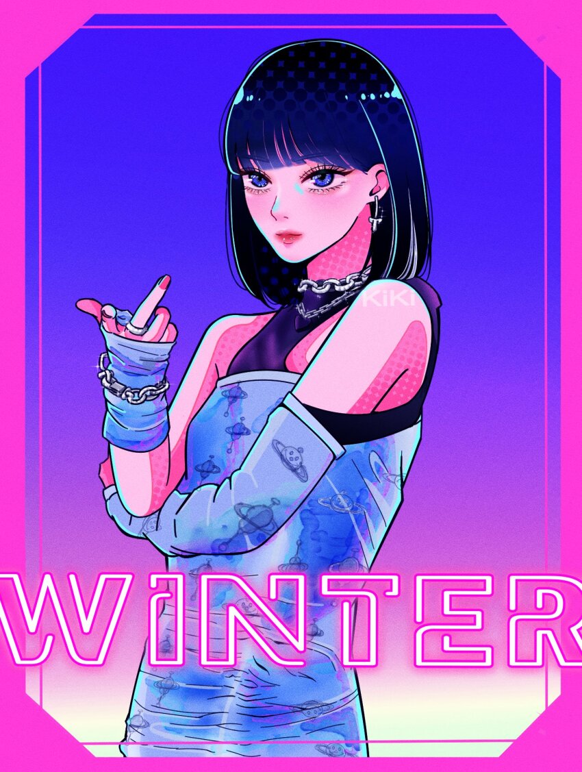 1girl aespa artist_name_(singer) black_hair blue_eyes blunt_bangs bob_cut border bracelet closed_mouth commentary_request cowboy_shot earrings highres jewelry k-pop makeup mascara necklace pink_border real_life red_lips ring sail_ofhope solo winter_(aespa)