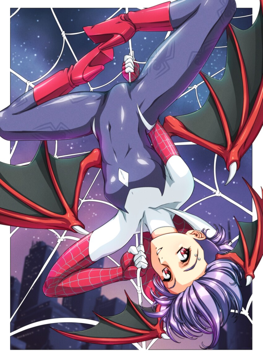 1girl adapted_costume bat_wings black_bodysuit bodysuit boots border breasts building city cosplay darkstalkers eyebrow_piercing face_piercing head_wings high_heel_boots high_heels highres hood hooded_bodysuit lilith_(darkstalkers) looking_at_viewer marvel multicolored_bodysuit night night_sky piercing purple_hair red_boots red_eyes red_wings shiny_clothes short_hair silk sirknightbot sky skyscraper small_breasts smile solo spider-gwen spider-gwen_(cosplay) spider-man_(series) spider_web spider_web_print upside-down white_bodysuit white_border wings