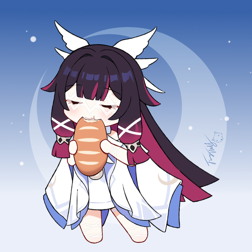 1girl bread chinese_commentary closed_eyes columbina_(genshin_impact) commentary_request deformed eating food genshin_impact highres langbazi multicolored_hair solo variant_set