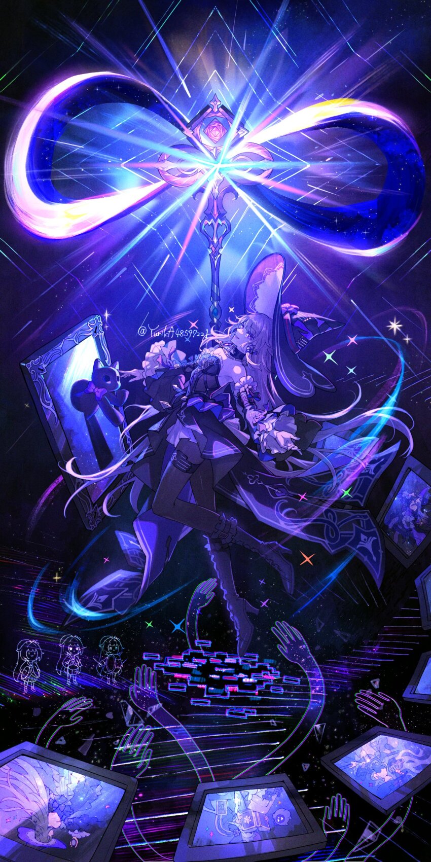 1girl absurdres boots cat chromatic_aberration detached_collar detached_sleeves dress hat herta_(honkai:_star_rail) high_heel_boots high_heels highres honkai:_star_rail honkai_(series) infinity_symbol key long_hair pantyhose portrait_(object) purple_theme sparkle strapless strapless_dress the_herta_(honkai:_star_rail) twitter_username witch_hat yurika48597221