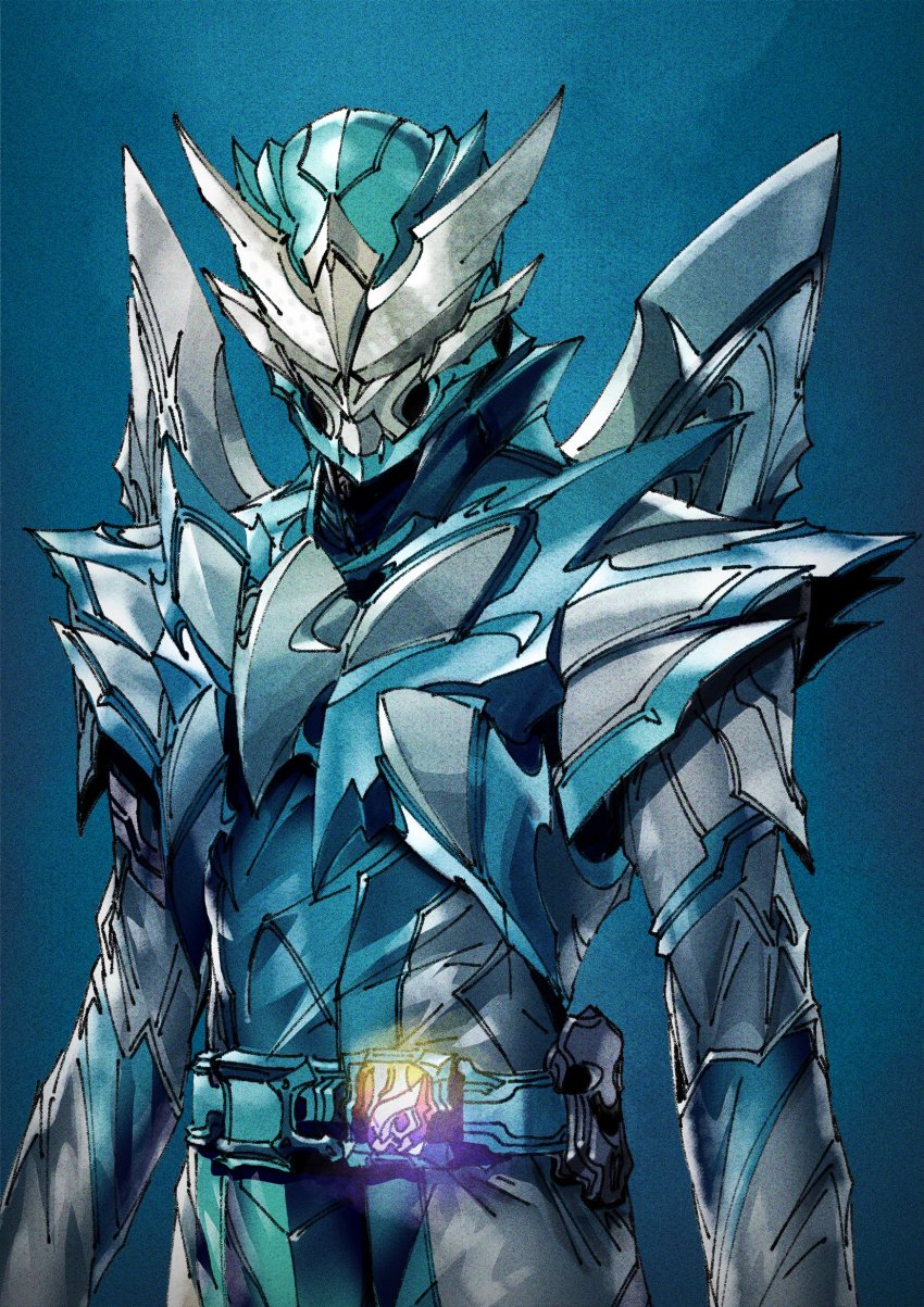 1boy armor arms_at_sides belt blue_background blue_bodysuit blue_headwear bodysuit glowing helmet highres holy_live kamen_rider kamen_rider_live kamen_rider_revice male_focus paintedmike shoulder_armor simple_background sketch solo standing two_sidriver white_wings wing_genome wings