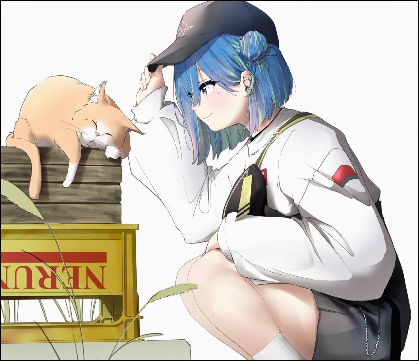 1girl akinosub baseball_cap black_hat black_shorts blue_hair blush box cattail closed_mouth commentary_request crate double_bun feet_out_of_frame green_hair hair_between_eyes hair_bun hat high-waist_shorts highres long_bangs long_sleeves looking_at_animal mole mole_under_eye multicolored_hair nanashi_inc. official_alternate_costume orange_cat pink_eyes plant short_hair shorts simple_background single_strap smile solo squatting suzumi_nemo suzumi_nemo_(2nd_costume) sweater two-tone_hair virtual_youtuber white_background white_sweater