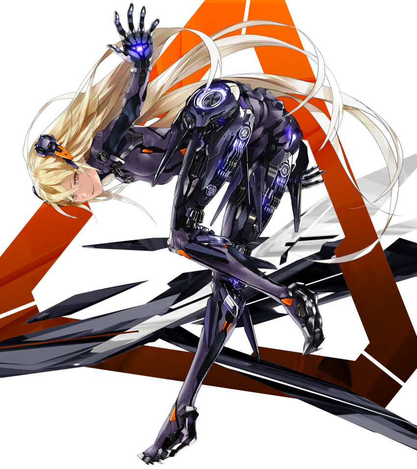1girl android ass ass_focus beatless bent_over black_bodysuit blonde_hair bodysuit box_art full_body glowing glowing_hand grin hair_ornament hand_up high_heels highres long_hair looking_back mecha_musume mechabare methode_(beatless) official_art orange_eyes redjuice smile standing standing_on_one_leg triangle_background very_long_hair white_background