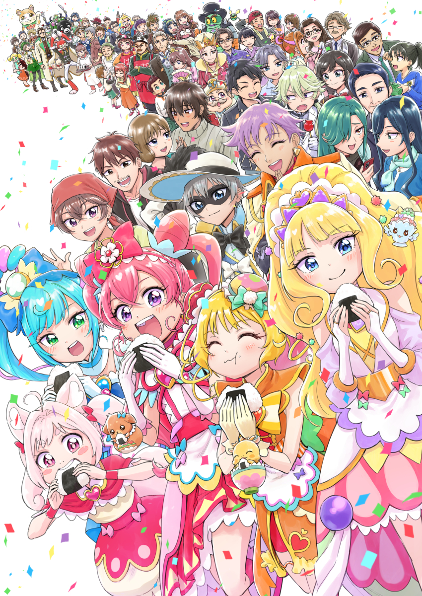 6+girls :d absolutely_everyone absurdres animal_ears annotation_request arms_up backwards_hat big_hair black_pepper_(precure) blonde_hair blue_bow blue_eyes blue_hair blush_stickers bow bridal_gauntlets brooch brother_and_sister brothers brown_hair bun_cover butler capelet cellphone character_request chinese_clothes closed_eyes closed_mouth clothing_cutout cone_hair_bun confetti crown cure_finale cure_precious cure_spicy cure_yum-yum dark-skinned_male dark_skin delicious_party_precure dog domino_mask double_bun dragon dress eating endou_iroha everyone facial_hair father_and_daughter father_and_son folding_fan food fox_ears fox_girl fox_tail fuwa_hatsuko fuwa_kokone gloves grandmother_and_granddaughter green_eyes grey_hair hair_bow hair_bun hair_intakes hair_ornament hair_rings hanamichi_ran hand_fan hand_on_headwear hat heart heart_brooch highres holding holding_fan holding_food holding_phone husband_and_wife itou_shin&#039;ichi jewelry kasai_amane kome-kome kome-kome_(human) kumamon leaning_forward leg_up long_hair long_sleeves looking_at_another magical_girl mask medium_dress medium_hair mem-mem_(precure) mother_and_daughter mother_and_son multiple_girls mustache nagase_ena nagomi_akiho nagomi_yui narcistoru necklace onigiri open_mouth over-rim_eyewear pam-pam panda_hat pearl_necklace phone pink_hair precure purple_eyes purple_hair purple_headwear recipipi rectangular_eyewear red_bow red_capelet red_dress red_eyes rosemary_(precure) scared school_uniform secretoru_(precure) semi-rimless_eyewear shinada_an shinada_takumi shinsen_middle_school_uniform short_dress short_hair shoulder_cutout siblings side_ponytail single_hair_ring sisters sleeveless sleeveless_dress smartphone smile standing standing_on_one_leg sun_hat tail takada_risa tiara twintails two_side_up under-rim_eyewear very_long_hair waving white_gloves white_headwear wristband