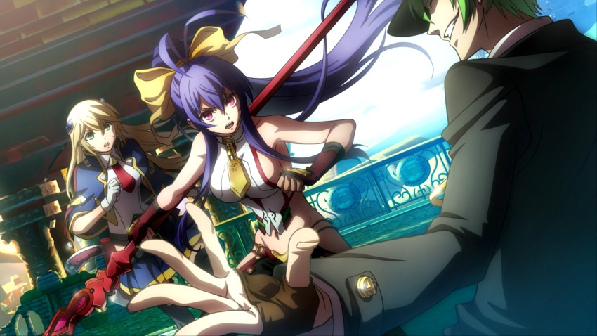 1boy 2girls arc_system_works blazblue blazblue:_central_fiction blonde_hair blue_hair bow breasts dutch_angle fingerless_gloves game_cg genderswap genderswap_(mtf) gloves green_eyes green_hair hair_bow halterneck halterneck hat hazama highres jacket large_breasts long_hair mai_natsume midriff multiple_girls noel_vermillion official_art pants polearm ponytail red_eyes sideboob skirt very_long_hair weapon