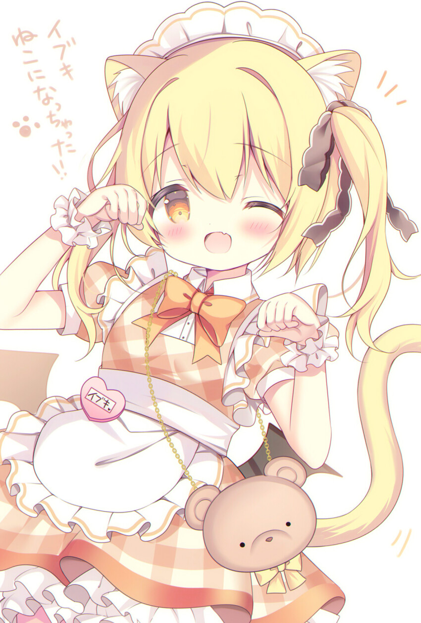 1girl ;d animal_bag animal_ear_fluff animal_ears apron azumi_kazuki bag black_bow blonde_hair blue_archive blush bow brown_dress cat_ears cat_girl cat_tail commentary_request dress fang frilled_apron frills hair_bow hair_intakes heart highres ibuki_(blue_archive) kemonomimi_mode looking_at_viewer name_tag one_eye_closed open_mouth orange_bow orange_eyes paw_pose plaid_clothes plaid_dress puffy_short_sleeves puffy_sleeves short_sleeves shoulder_bag simple_background smile solo tail translation_request twintails white_apron white_background wrist_cuffs