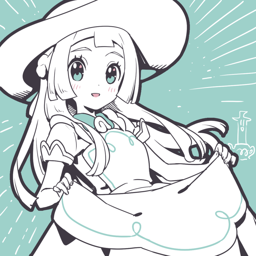 1girl :d apron apron_lift blunt_bangs clothes_lift collared_dress commentary_request dress eyelashes green_background happy hat highres kinocopro lifting_own_clothes light_blush lillie_(pokemon) lillie_(special_costume)_(pokemon) limited_palette long_hair nintendo official_alternate_costume open_mouth pokemon pokemon_masters_ex short_sleeves smile solo sun_hat