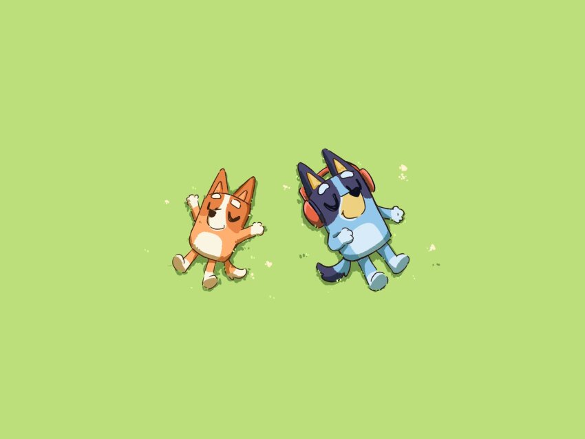 2girls baowenbei0715 bingo_heeler bluey bluey_heeler closed_eyes green_background headphones highres light_smile lying minimalism multiple_girls on_back on_grass simple_background uwu