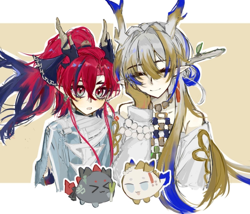 1boy 1girl :o ^_^ arknights bare_shoulders beads blonde_hair blue_hair border brother_and_sister chinese_commentary closed_eyes closed_mouth colored_extremities commentary_request cropped_torso dragon_bubble_(arknights) dragon_girl dragon_horns earrings green_eyes grey_hair hair_between_eyes hair_intakes hand_on_own_cheek hand_on_own_face horns jewelry keyi_zailai_yige_zhoumo_ma long_hair long_sleeves multicolored_eyes multicolored_hair necklace off_shoulder open_mouth outline outside_border pointy_ears purple_hair red_eyes red_hair shu_(arknights) siblings simple_background sketch smile two-tone_eyes white_border white_outline yellow_background yu_(arknights)
